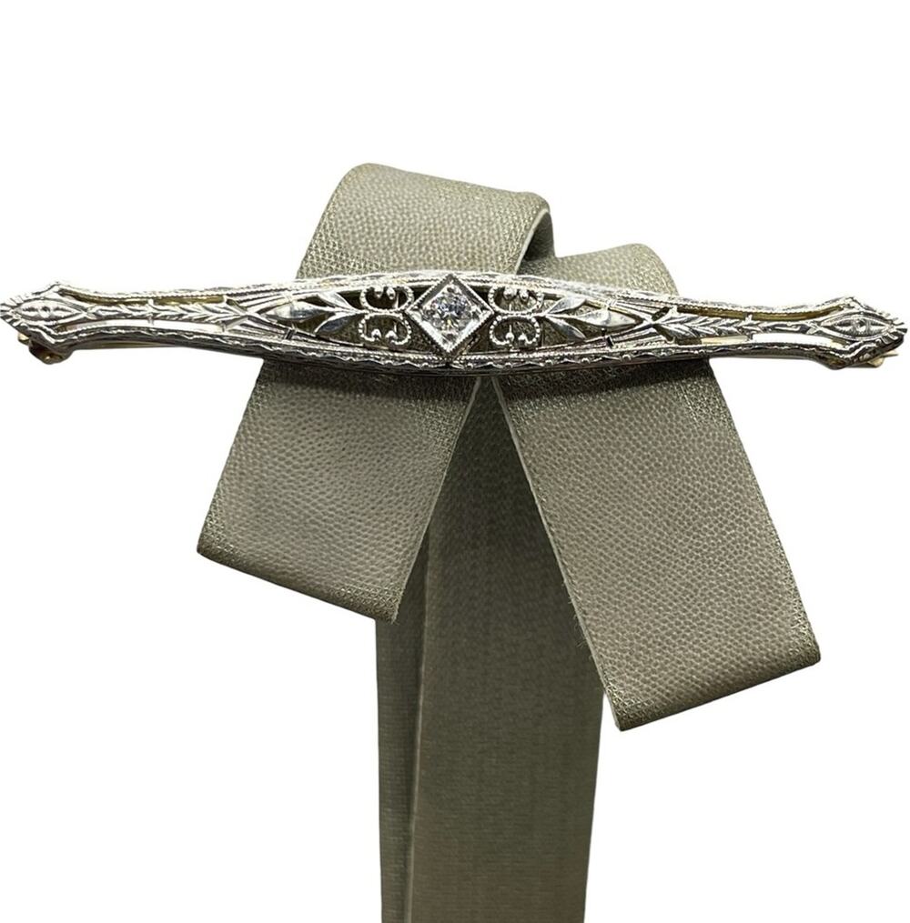 14K Yellow Gold & Platinum Art Deco Style Bar Pin W/ Diamond (26688)